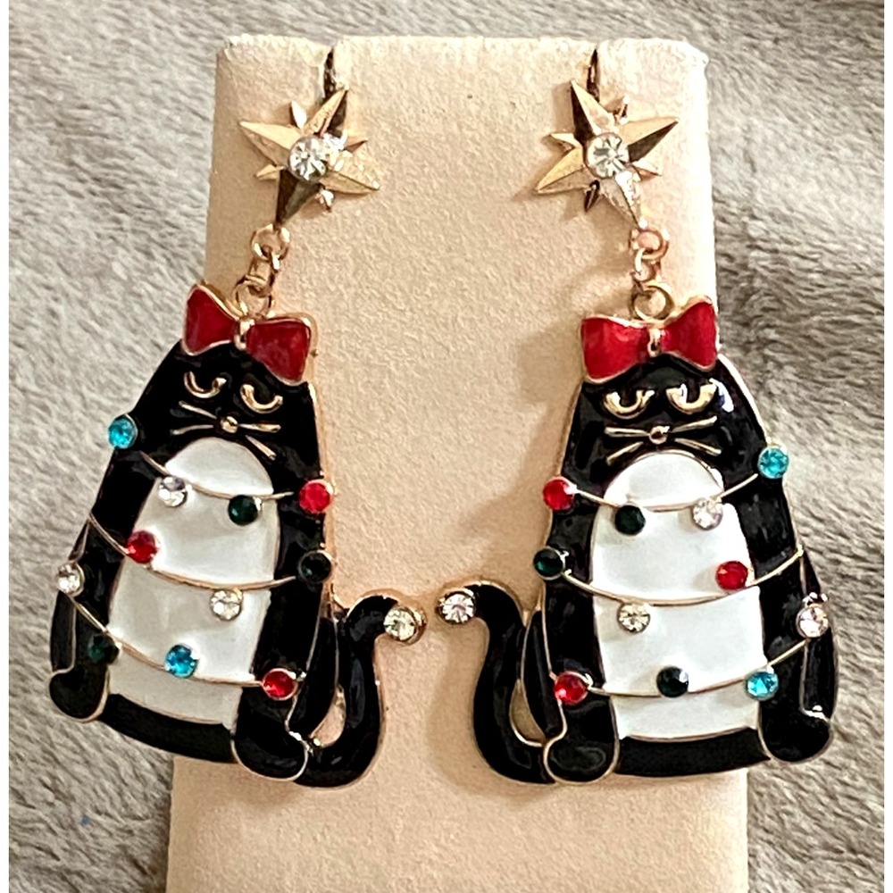 Christmas CATS Black & White CAT Star Lights Gold Enamel Drop Dangle Earrings